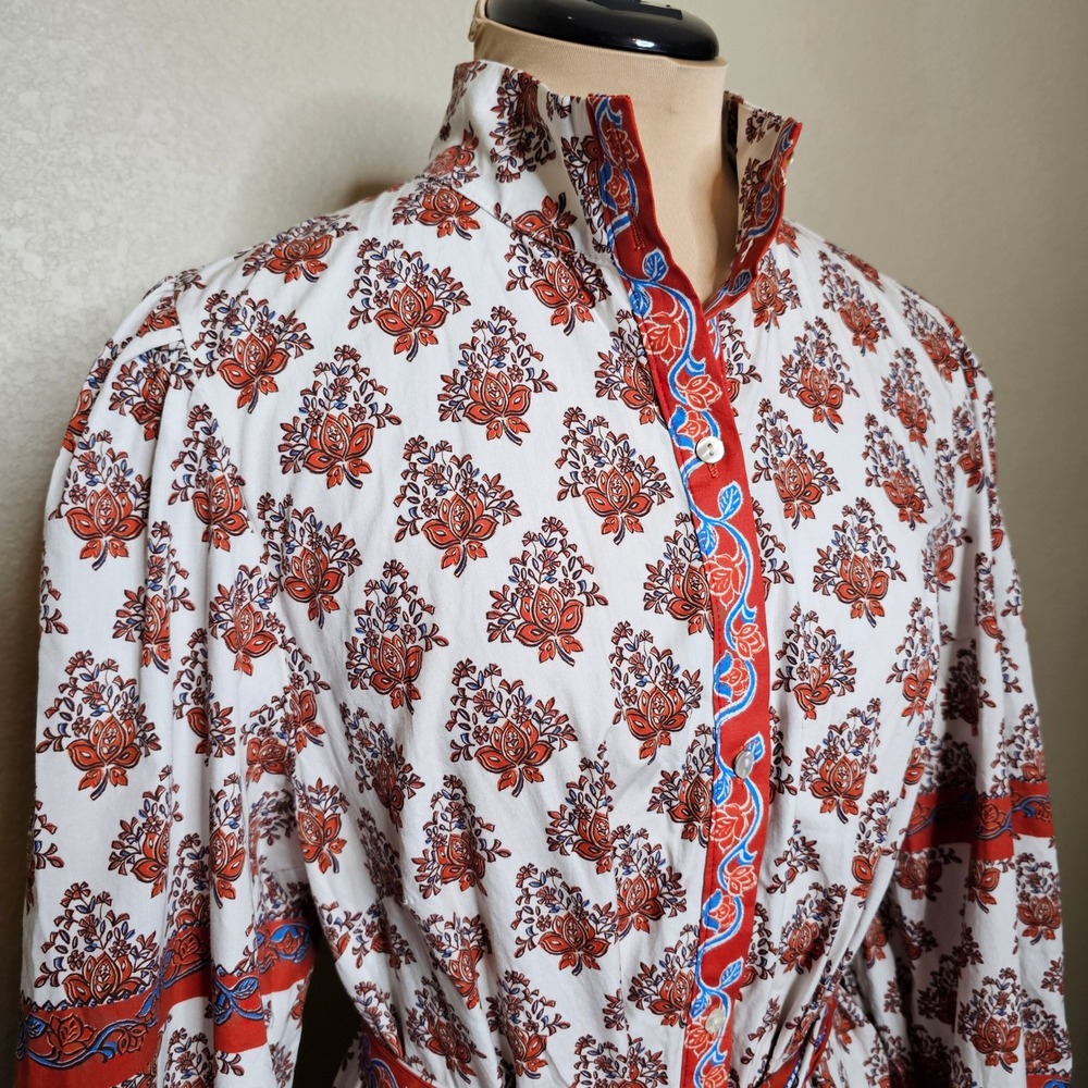 Love Wednesday Savanna BlockPrint Midi Dress Orange Ivory Blue Medium cotton - Picture 4 of 13